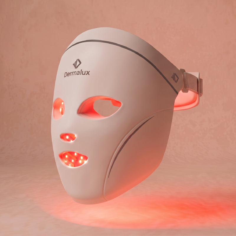Dermalux LED Face Mask illuminated during treatment
